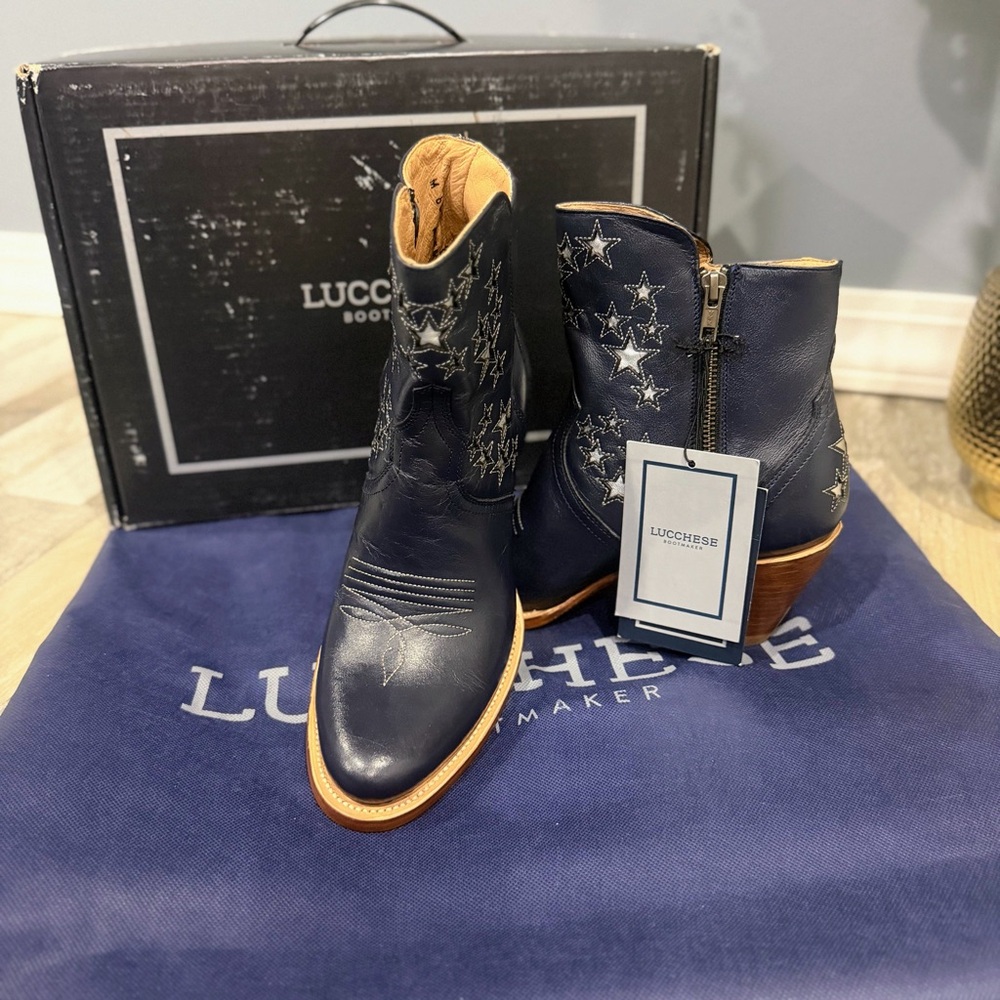 Lucchese Women's Blue Star Ankle Boots - NY Cow Zip Booties Lil Stars - Stardust - Picture 13 of 13